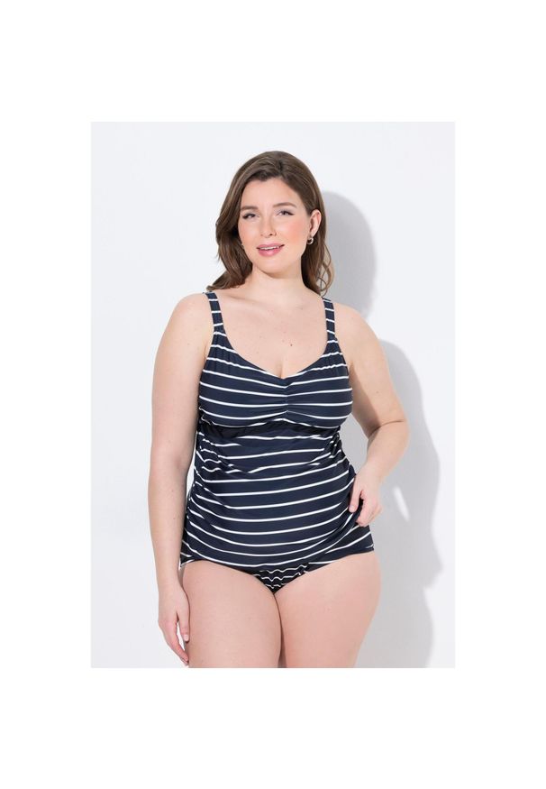 ULLA POPKEN - Damskie tankini Bellieva góra bez miękkich miseczek prążki. Kolekcja: plus size. Kolor: niebieski. Materiał: poliamid, poliester, materiał, elastan. Wzór: prążki