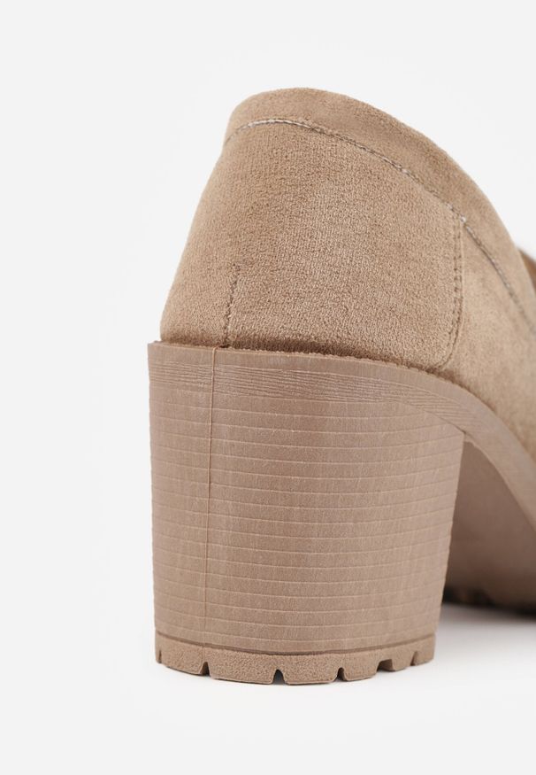 Born2be - Ciemnobeżowe Półbuty w Stylu Mokasynów na Słupku i Niskiej Platformie z Klamerką Nardica. Kolor: beżowy. Materiał: jeans. Wzór: aplikacja. Obcas: na platformie. Styl: elegancki, klasyczny
