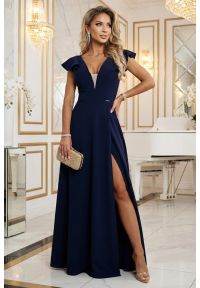 Numoco - Długa sukienka wieczorowa rozkloszowana granatowa. Okazja: na studniówkę, na ślub cywilny, na wesele, na imprezę. Kolor: niebieski. Styl: wizytowy. Długość: maxi #5