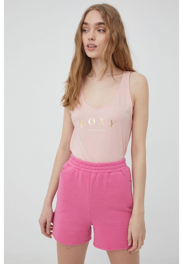 Roxy top damski kolor różowy. Kolor: różowy. Materiał: bawełna. Długość rękawa: na ramiączkach. Wzór: nadruk