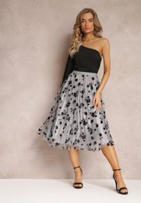 Renee - Szara Spódnica Midi Tiulowa z Welurowymi Kwiatami i Gumką w Talii Zihrosa. Kolor: szary. Materiał: welur, tiul. Wzór: kwiaty #1