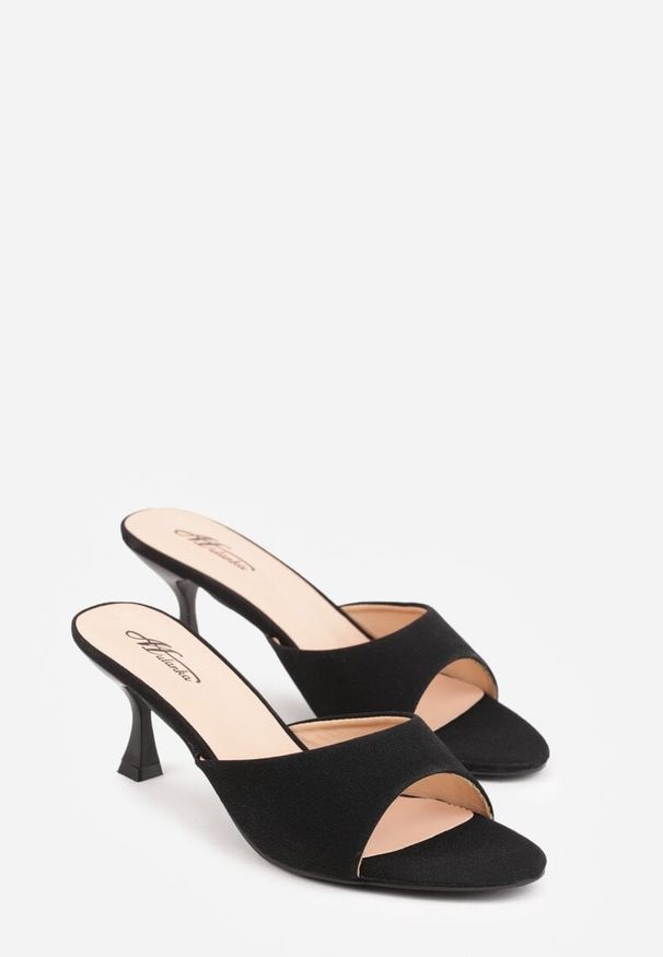 Renee - Czarne Klapki na Obcasie Kaczuszka z Odkrytym Noskiem Nadah. Kolor: czarny. Materiał: koronka. Obcas: na obcasie. Styl: elegancki. Wysokość obcasa: średni