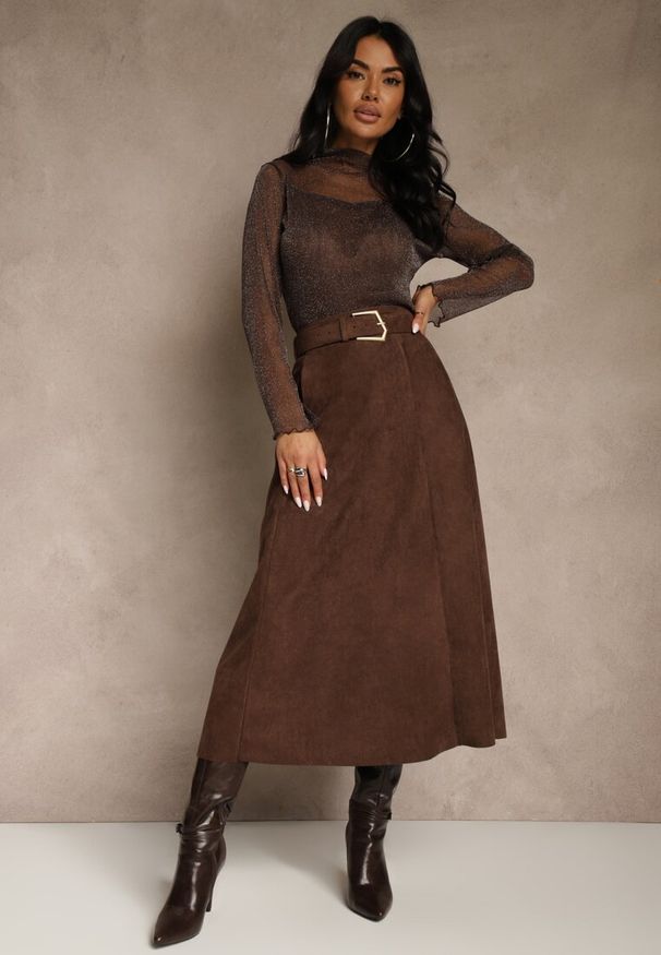 Renee - Brązowa Spódnica z Wiskozy z Bawełną z Imitacji Zamszu z Paskiem Oliweda. Okazja: na co dzień. Kolor: brązowy. Materiał: bawełna, wiskoza, zamsz. Styl: casual