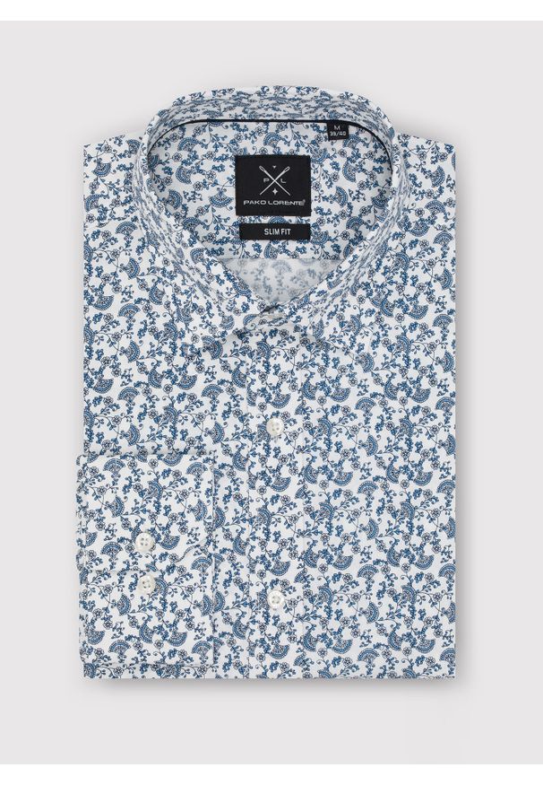 Pako Lorente - PAKO LORENTE – Biała koszula w roślinny niebieski wzór. Typ kołnierza: kołnierzyk klasyczny. Kolor: niebieski, biały, wielokolorowy. Materiał: elastan, bawełna. Długość rękawa: długi rękaw. Długość: długie. Styl: klasyczny