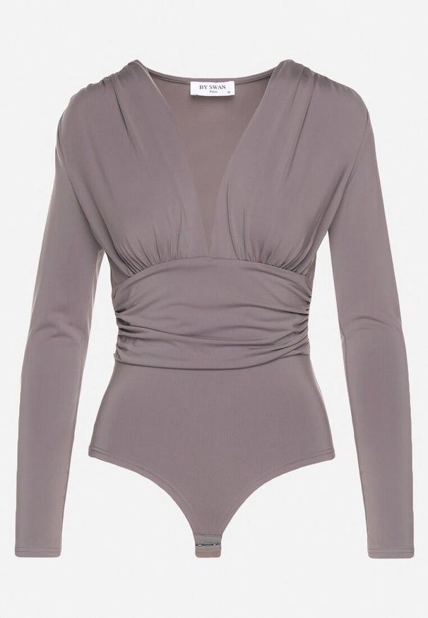 Born2be - Szare Body z Głębokim Dekoltem i Marszczeniem w Talii Ilabra. Okazja: na co dzień. Kolor: szary. Materiał: jeans, tkanina, wiskoza. Styl: elegancki, casual