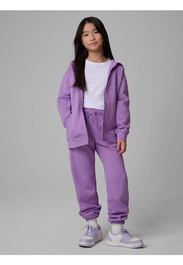 4f - 4F Bluza dresowa loose z kapturem dziewczęca - fioletowa 146/152 (10-12 lat). Okazja: na co dzień, na uczelnię. Typ kołnierza: kaptur. Kolor: fioletowy. Materiał: dresówka. Sezon: lato. Styl: casual