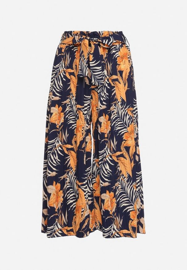 Born2be - Granatowo-Żółte Szerokie Spodnie z Wysokim Stanem z Gumką i Materiałowym Paskiem w Talii Asrefia. Okazja: na co dzień. Stan: podwyższony. Kolor: niebieski. Materiał: materiał. Styl: casual