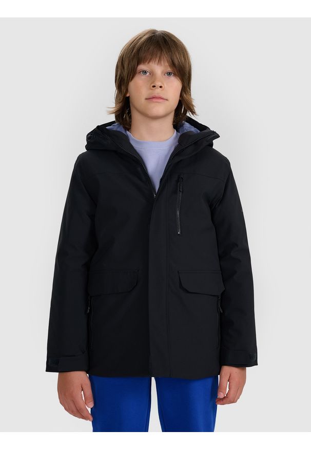 4f - 4F Kurtka przejściowa membrana 5000 chłopięca - czarna 146 (10-11 lat). Okazja: na co dzień. Typ kołnierza: kaptur. Kolor: czarny. Materiał: dzianina, tkanina, syntetyk, materiał, poliester. Sezon: lato. Styl: casual, klasyczny, sportowy