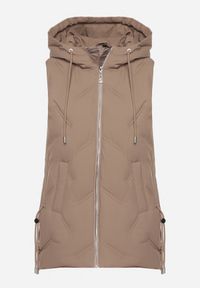 Born2be - Ciemnobeżowa Casualowa Kamizelka z Kapturem i Pikowanymi Przeszyciami Caletta. Okazja: na co dzień. Typ kołnierza: kaptur. Kolor: beżowy. Materiał: jeans. Styl: casual #3