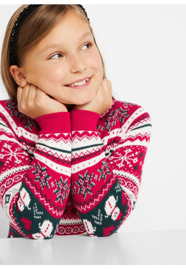 bonprix - Sukienka dzianinowa dziewczęca w zimowy deseń. Kolor: czerwony. Materiał: dzianina. Wzór: gładki, prążki, aplikacja, ze splotem. Sezon: zima