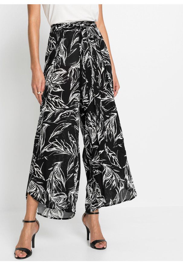 bonprix - Spodnie ze strukturalnej wiskozy. Kolor: czarny. Materiał: wiskoza. Wzór: nadruk