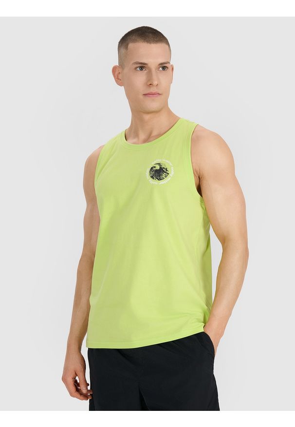 4f - 4F Tank top regular męski - zielony L. Kolor: zielony. Materiał: jersey, bawełna, materiał. Długość rękawa: bez rękawów. Wzór: ze splotem, gładki, nadruk, napisy
