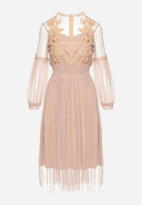 Born2be - Ciemnobeżowa Rozkloszowana Sukienka Tiulową z Koronką Llaudia. Kolor: beżowy. Materiał: tiul, koronka. Wzór: koronka #7