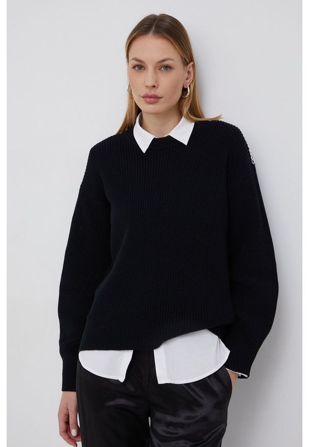 Hugo Sweter bawełniany 50462712 damski kolor czarny ciepły. Kolor: czarny. Materiał: bawełna. Długość rękawa: długi rękaw. Długość: długie