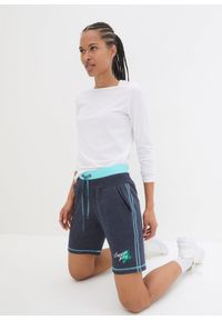 bonprix - Szorty dresowe z materiału z bawełną. Kolor: niebieski. Materiał: bawełna, materiał, dresówka. Wzór: prążki, haft #3