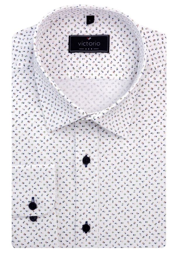 Koszula Victorio - Biała w Drobne Kwiatki - Klasyczny, Wygodny Krój. Okazja: na co dzień. Kolor: biały. Materiał: bawełna, elastan. Długość rękawa: długi rękaw. Długość: długie. Wzór: kwiaty. Styl: klasyczny