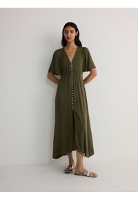 Reserved - Sukienka z wiskozy - oliwkowy. Kolor: oliwkowy. Materiał: wiskoza. Typ sukienki: proste #1
