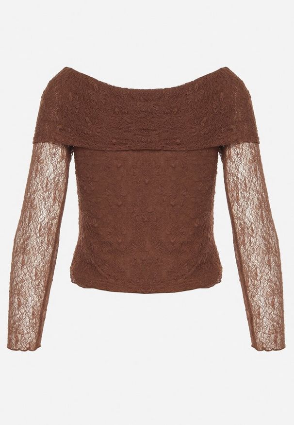 Born2be - Brązowa Koronkowa Bluzka z Odkrytymi Ramionami i Długimi Rękawami Unena. Okazja: na co dzień. Kolor: brązowy. Materiał: koronka. Długość rękawa: długi rękaw. Długość: długie. Wzór: koronka. Styl: elegancki, casual, klasyczny