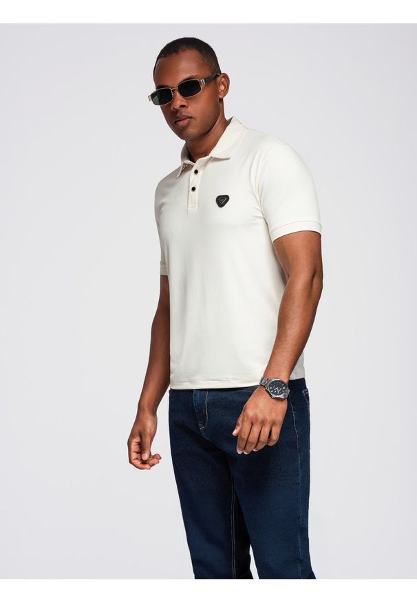 Ombre Clothing - Męska stylowa koszulka polo z elastycznej tkaniny – kremowa V2 - Rozmiar: M. Typ kołnierza: polo. Kolor: kremowy. Materiał: tkanina. Wzór: gładki. Styl: elegancki
