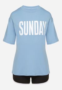 Born2be - Niebiesko-Czarny Komplet T-shirt z Nadrukiem i Szorty z Lamówką Aravonne. Kolor: niebieski. Materiał: materiał. Wzór: nadruk #7