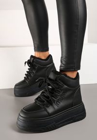 Renee - Czarne Sneakersy na Grubej Podeszwie Mocno Ocieplane Futrem Leavinael. Okazja: na co dzień. Kolor: czarny. Materiał: futro #5