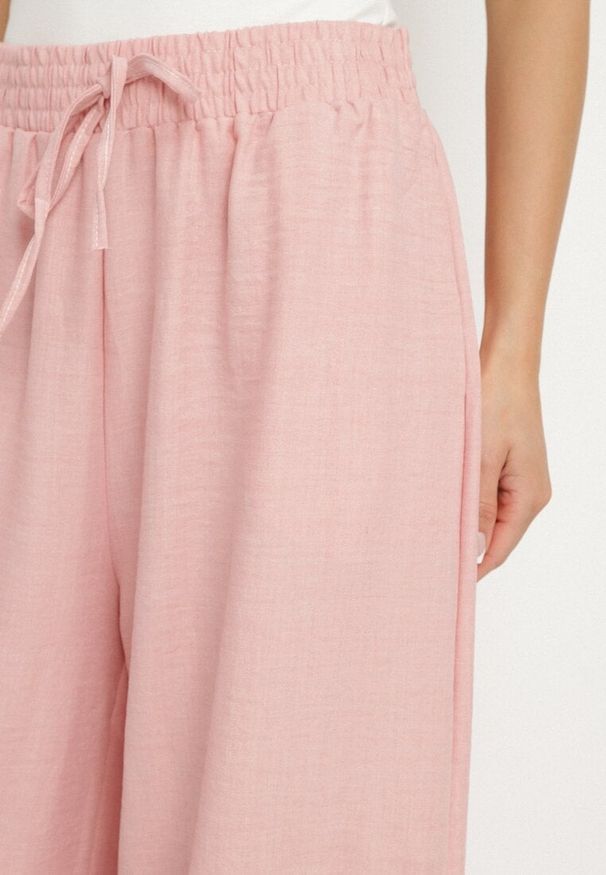 Born2be - Różowe Spodnie o Szerokim Kroju z Wysokim Stanem i Wiązaniem Telarieta. Okazja: na co dzień. Stan: podwyższony. Kolor: różowy. Materiał: len. Styl: casual, elegancki, klasyczny