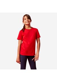 DOMYOS - Koszulka z krótkim rękawem dziecięca Domyos. Kolor: czerwony. Materiał: tkanina, prążkowany, bawełna, materiał. Długość rękawa: krótki rękaw. Długość: krótkie