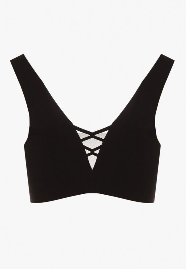 Born2be - Czarny Biustonosz Sportowy z Siateczką i Gorsetowym Zdobieniem Saliatessa. Kolor: czarny. Rodzaj stanika: wyciągane miseczki. Wzór: aplikacja