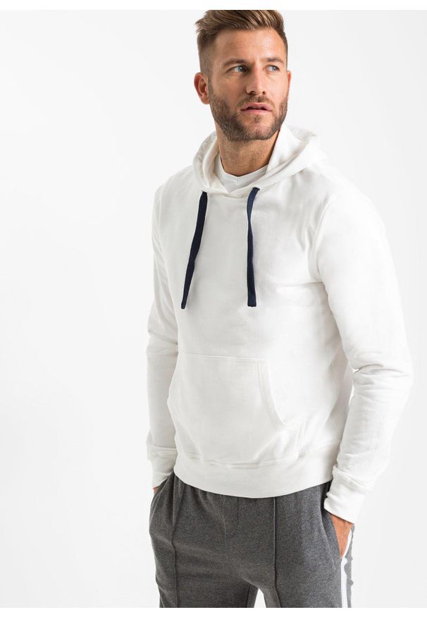 bonprix - Bawełniana bluza z kapturem. Typ kołnierza: kaptur. Kolor: biały. Materiał: bawełna. Wzór: prążki