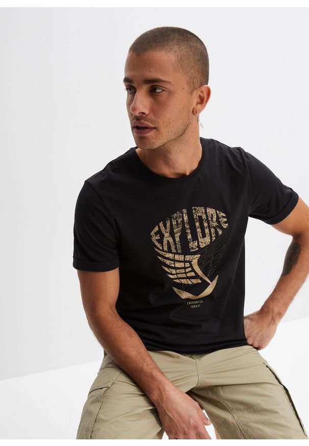 bonprix - T-shirt z bawełny organicznej. Kolor: czarny. Materiał: bawełna. Wzór: nadruk