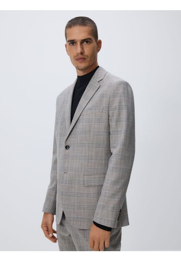 Reserved - Marynarka slim fit w kratę - brązowy. Kolor: brązowy. Materiał: wiskoza, tkanina