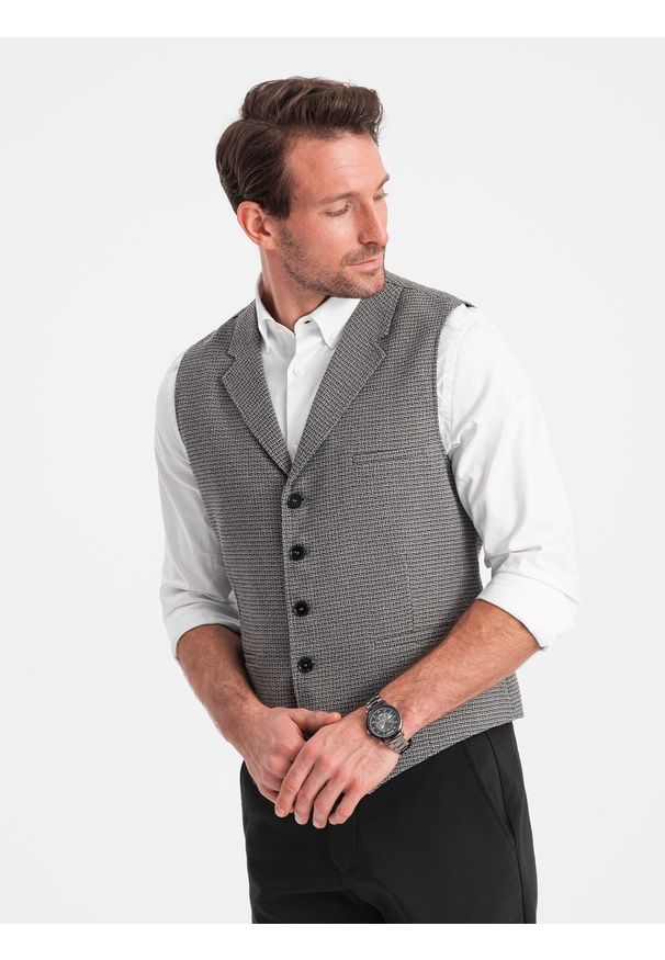Ombre Clothing - Żakardowa kamizelka męska z klapami - grafitowa V1 - Rozmiar: L. Kolor: szary. Materiał: żakard