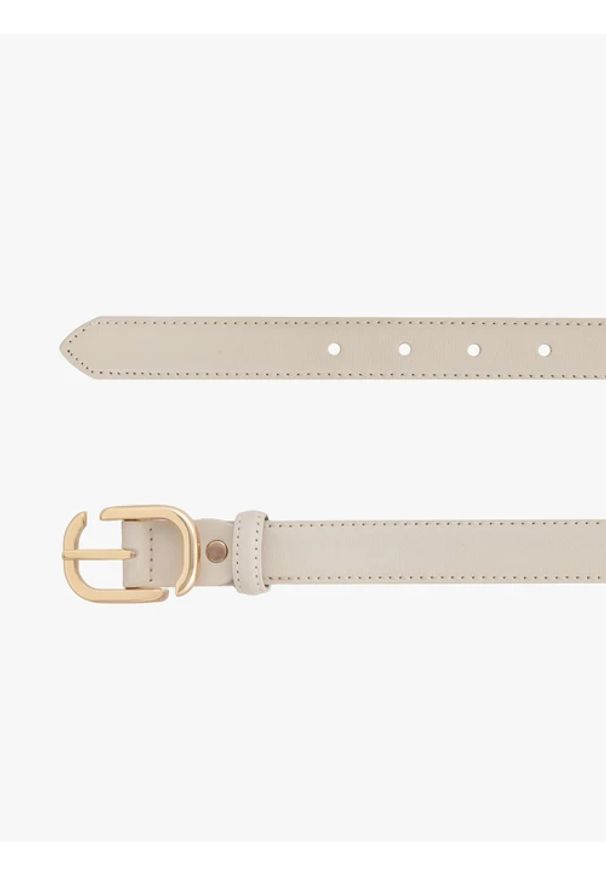Ryłko - Beżowy pasek damski ze skóry licowej ze złotą klamrą. Kolor: beżowy. Materiał: skóra. Wzór: aplikacja