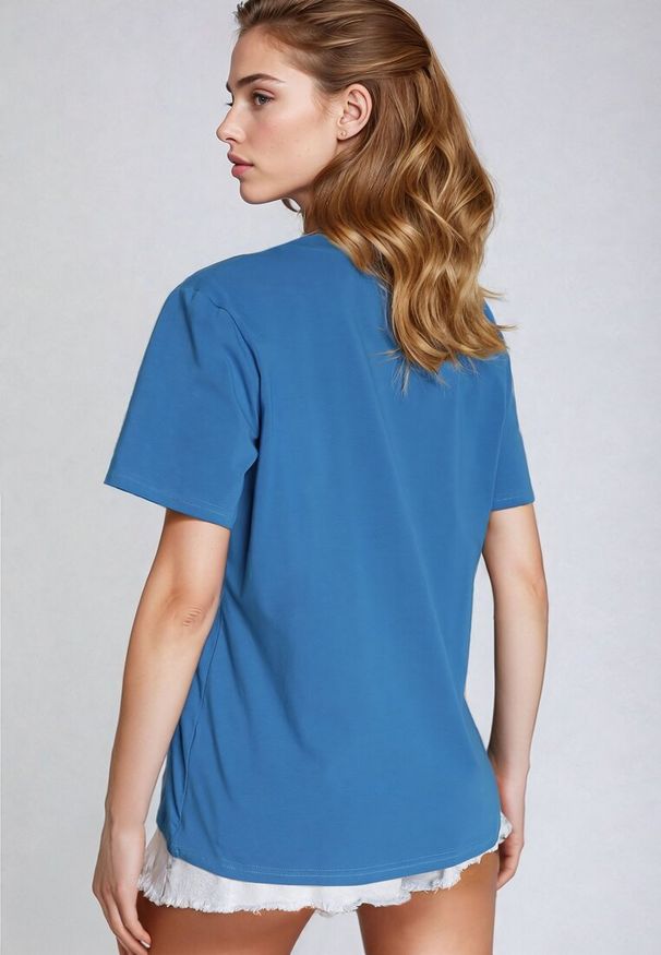 Born2be - Niebieski Klasyczny Bawełniany T-shirt z Wakacyjnym Nadrukiem Zaronea. Okazja: na co dzień, na spotkanie biznesowe. Kolor: niebieski. Materiał: bawełna. Wzór: nadruk. Sezon: lato. Styl: wakacyjny, klasyczny