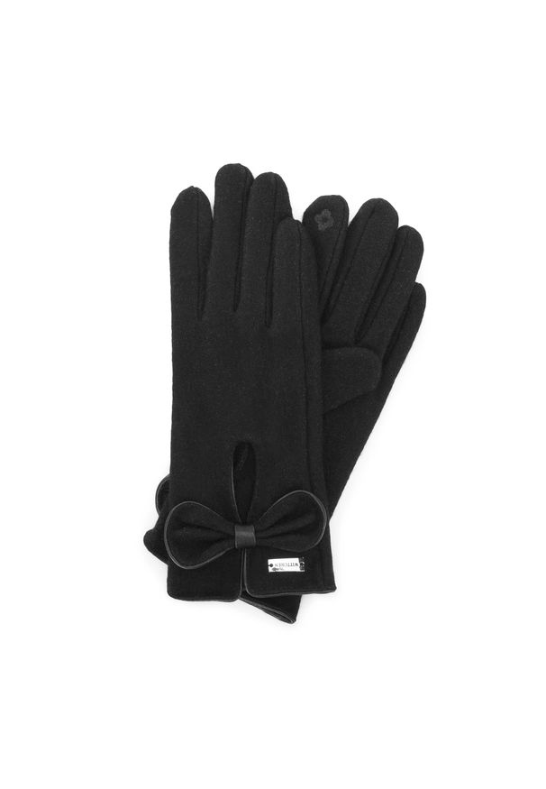 Wittchen - Damskie rękawiczki z wycięciem i dużą kokardą. Kolor: czarny. Materiał: wełna. Wzór: haft, kwiaty. Sezon: zima
