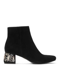 Kazar - Czarne botki damskie. Kolor: czarny. Materiał: zamsz. Wzór: haft. Obcas: na obcasie. Styl: elegancki. Wysokość obcasa: średni #1