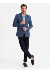 Ombre Clothing - Marynarka męska SLIM z dzianiny o subtelnej strukturze – ciemnoniebieska V6 - Rozmiar: M. Okazja: do pracy. Kolor: niebieski. Materiał: dzianina. Wzór: kolorowy. Styl: klasyczny