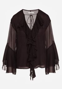 Renee - Brązowa Rustykalna Bluzka Zdobiona Falbankami i Wiązaniem przy Dekolcie Nerianna. Okazja: na co dzień. Typ kołnierza: kołnierz z falbankami. Kolor: brązowy. Materiał: tkanina. Wzór: aplikacja. Styl: casual #5