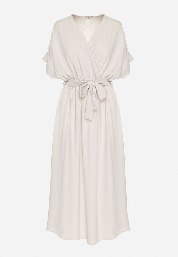 Born2be - Beżowa Sukienka z Bawełną i Ozdobnym Paskiem Lunistra. Okazja: na co dzień. Kolor: beżowy. Materiał: bawełna. Wzór: aplikacja. Styl: klasyczny, casual, elegancki