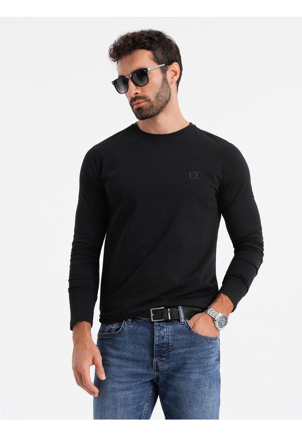 Ombre Clothing - Longsleeve męski SLIM FIT z elastanem i printem – czarny V1. Okazja: na co dzień. Kolor: czarny. Materiał: elastan. Długość rękawa: długi rękaw. Wzór: nadruk. Styl: casual