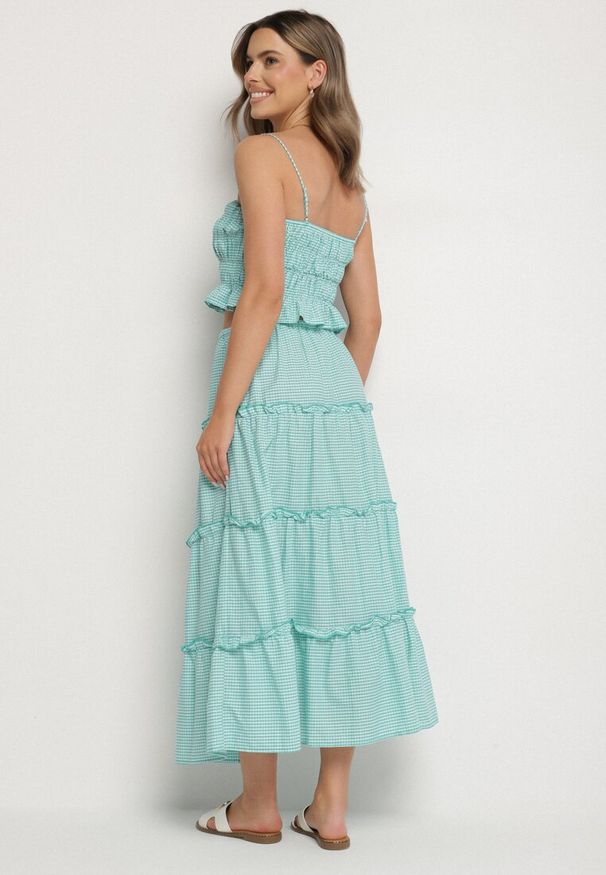 Born2be - Zielony Bawełniany Komplet w Kratkę Vichy Spódnica i Top Frolira. Kolor: zielony. Materiał: bawełna. Wzór: kratka