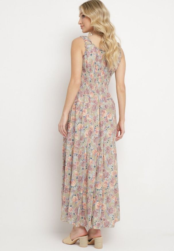 Born2be - Jasnozielona Rozkloszowana Sukienka Bawełniana w Kwiatowy Print z Guzikami Jamallia. Okazja: na co dzień. Kolor: zielony. Materiał: bawełna. Wzór: nadruk, kwiaty. Typ sukienki: proste. Styl: klasyczny, casual