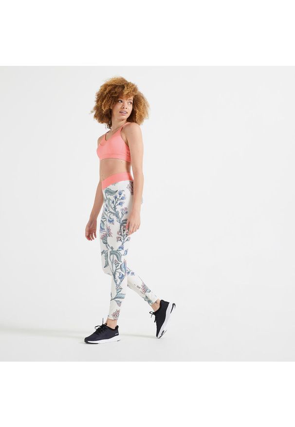 DOMYOS - Legginsy fitness damskie Domyos. Stan: podwyższony. Kolor: różowy, biały, wielokolorowy. Materiał: elastan, poliester, materiał. Sport: fitness