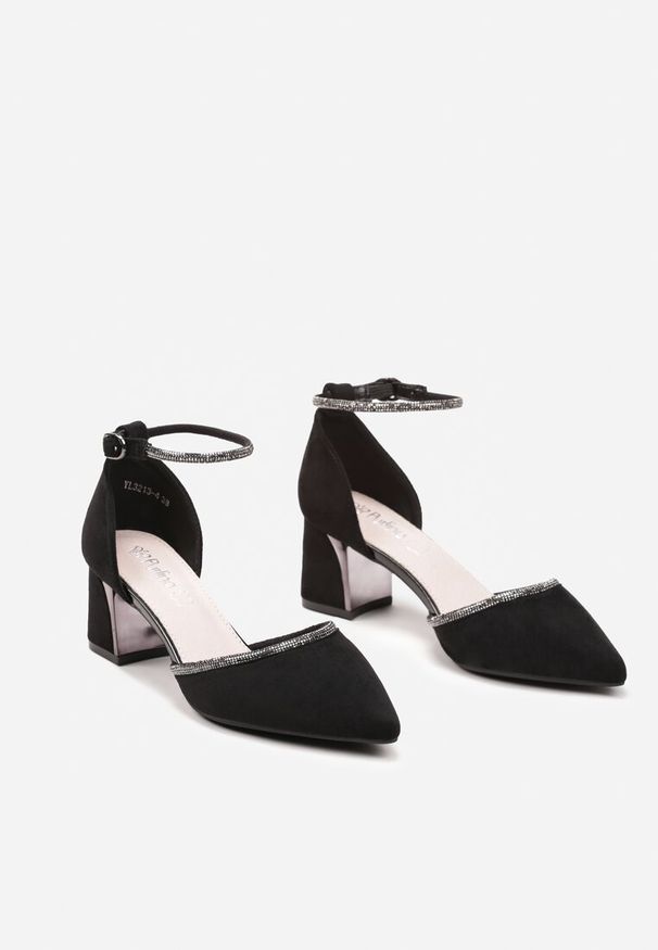 Born2be - Czarne Czółenka z Ekoskóry na Słupku z Paskiem z Cyrkonii Likra. Zapięcie: pasek. Kolor: czarny. Wzór: aplikacja. Obcas: na słupku. Styl: elegancki