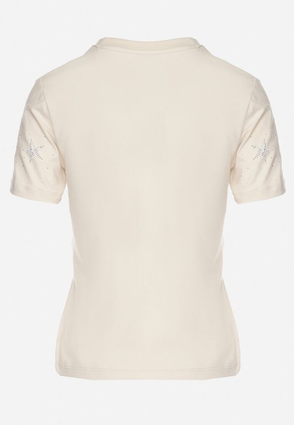 Born2be - Beżowy Bawełniany T-shirt z Cyrkoniowymi Aplikacjami w Gwiazdki Tenivella. Okazja: na spotkanie biznesowe, do pracy, na co dzień. Kolor: beżowy. Materiał: bawełna. Wzór: aplikacja. Styl: elegancki, casual, biznesowy