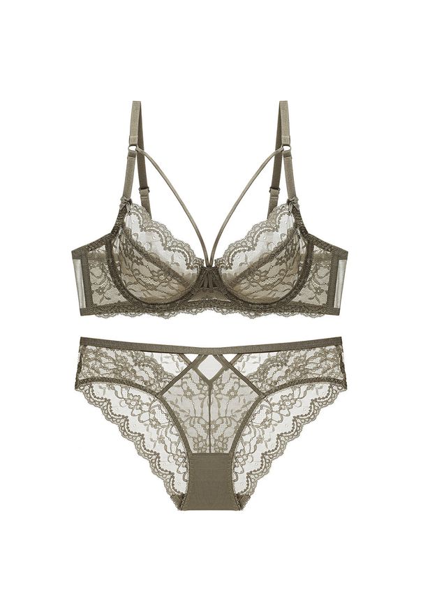 Intica - Koronkowy komplet bielizny z regulacją ramiączek na romantyczne wieczory Ermina. Kolor: zielony. Materiał: koronka. Wzór: koronka