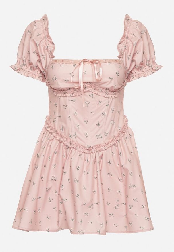 Born2be - Różowa Sukienka Vices z Bufkami Falbankami i Wiązaniem w Kwiaty Tolalira. Okazja: na co dzień. Typ kołnierza: kołnierz z falbankami. Kolor: różowy. Materiał: skóra. Wzór: kwiaty. Styl: casual, elegancki, klasyczny