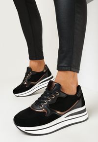 Born2be - Czarne Sneakersy na Platformie z Metalicznymi Wstawkami Boitt. Nosek buta: okrągły. Zapięcie: sznurówki. Kolor: czarny. Materiał: syntetyk, materiał, nubuk. Obcas: na platformie. Wysokość obcasa: niski #1