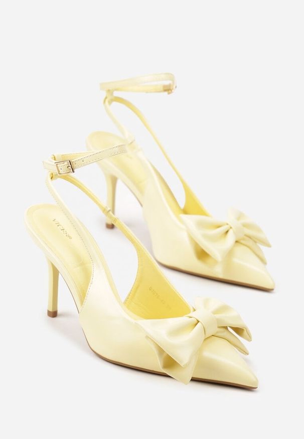 Renee - Żółte Sandały Vices na Szpilce Slingback Ozdobione Kokardą Tilvanea. Okazja: na co dzień, na wesele, na ślub cywilny. Zapięcie: sprzączka. Kolor: żółty. Wzór: aplikacja. Obcas: na szpilce. Styl: elegancki, casual