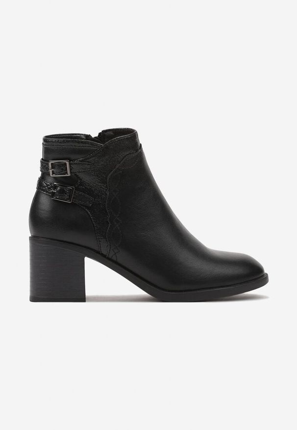 Born2be - Czarne Botki na Obcasie z Ozdobnymi Paskami i Klamrami Reanira. Okazja: na co dzień. Zapięcie: klamry. Kolor: czarny. Wzór: paski. Materiał: jeans. Sezon: zima, jesień. Obcas: na obcasie. Styl: wizytowy, elegancki, casual. Wysokość obcasa: średni